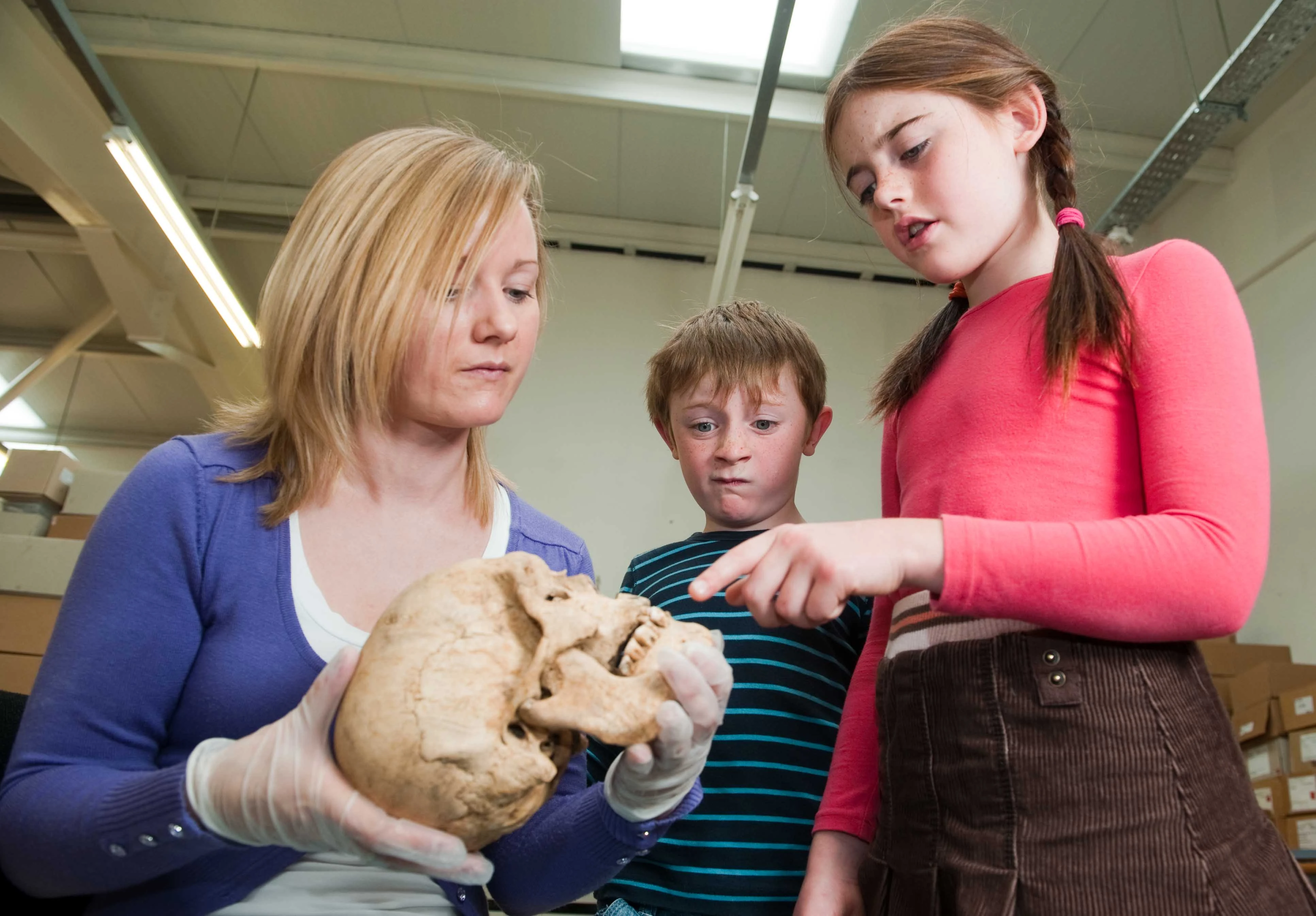 Carmelita Troy, Osteologist, fields a barrage of questions from Reuben (7) and Rachel (9)