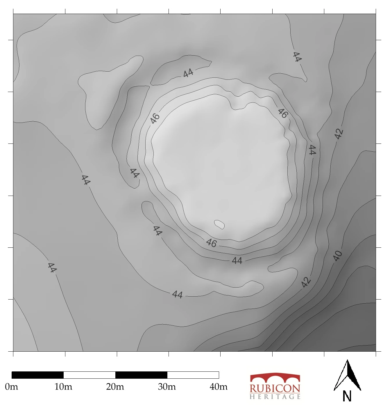 Topographic grey-scale contour-based plan of Moat Park motte
