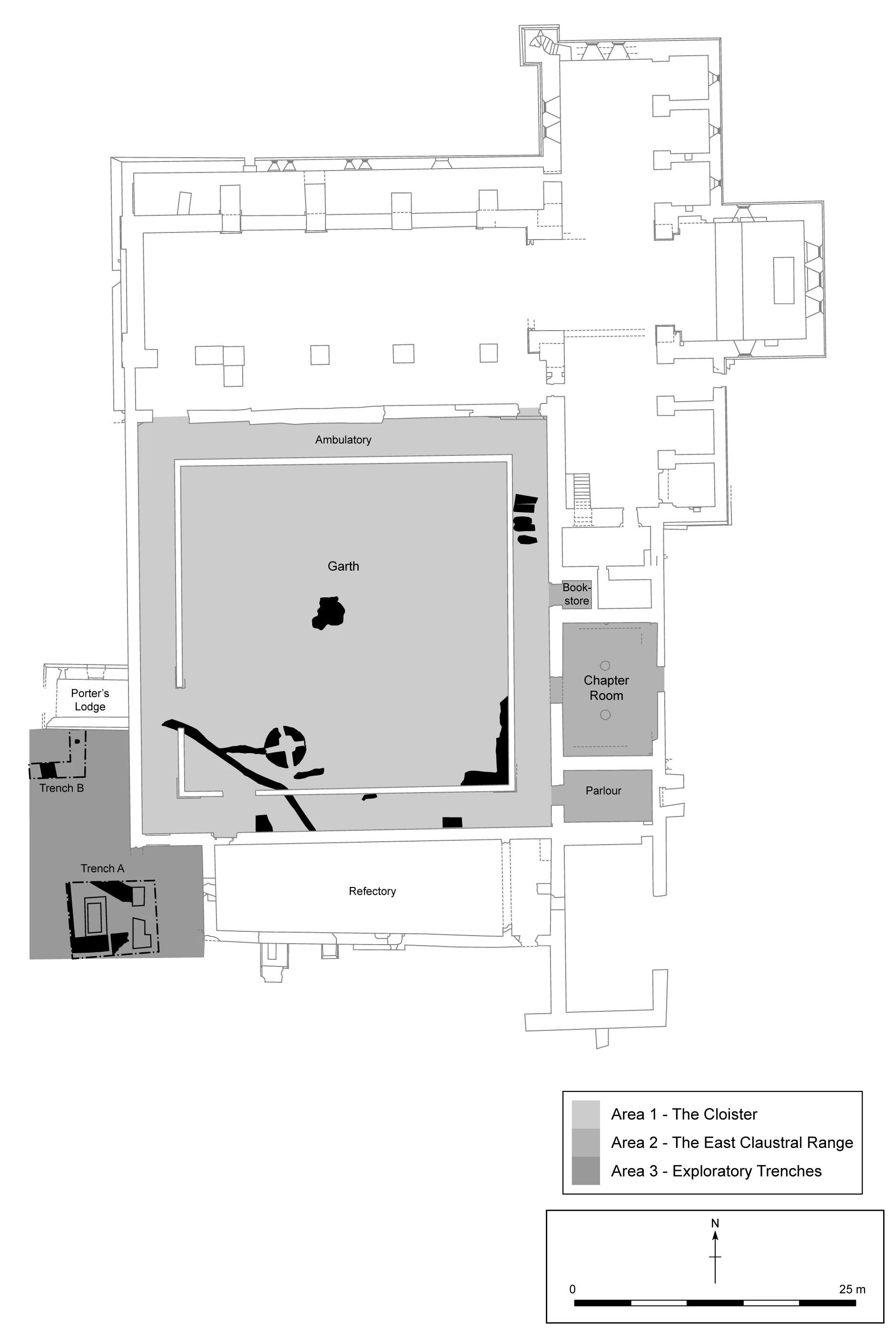 Areas of excavation at Dunbrody Abbey