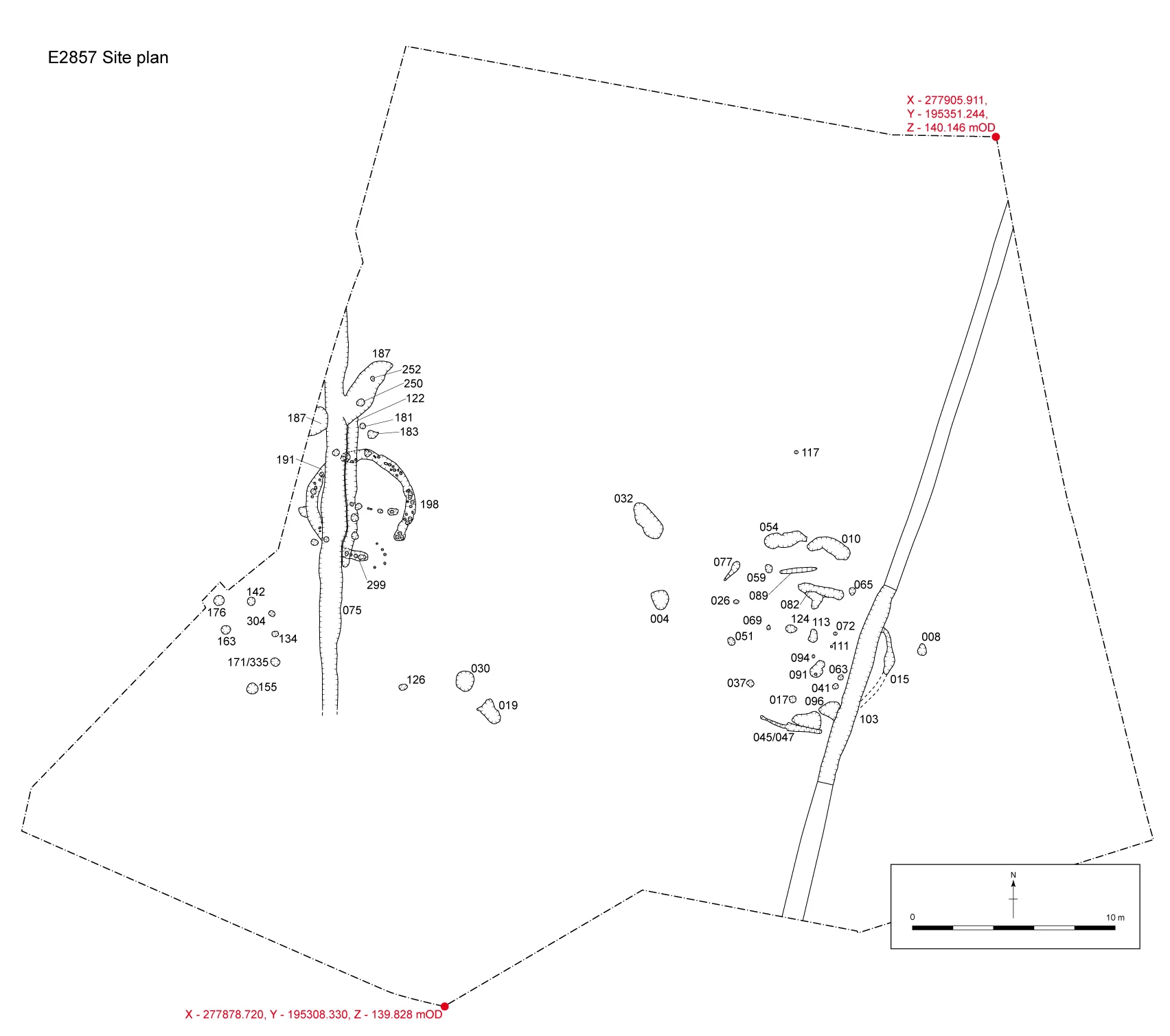 Plan showing the proximity of the two monuments; the ring-ditch to the west and house to the east, only 16 m apart