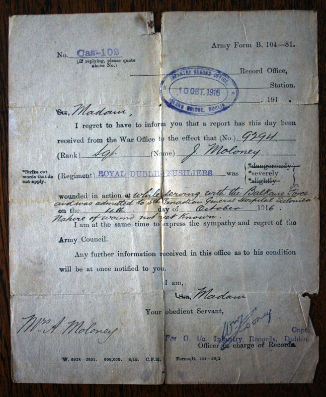 Telegram informing next of kin that Jack has been severely wounded