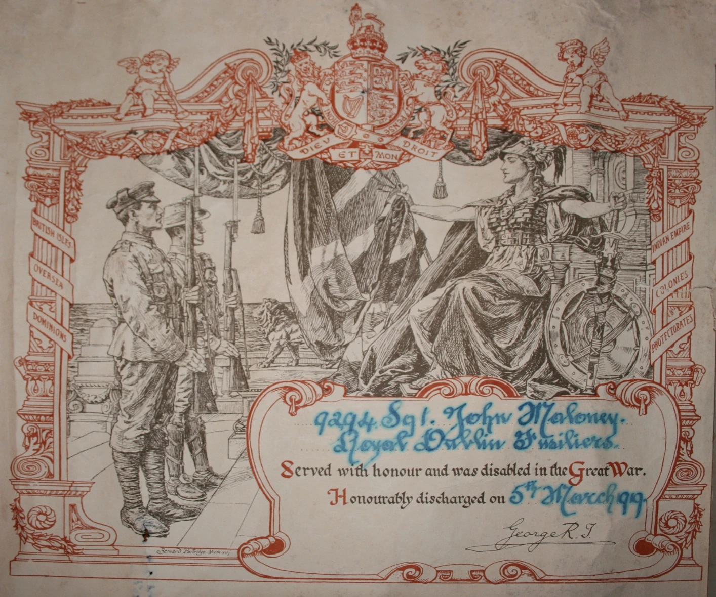 Jack's Honourable Discharge from the army in 1919