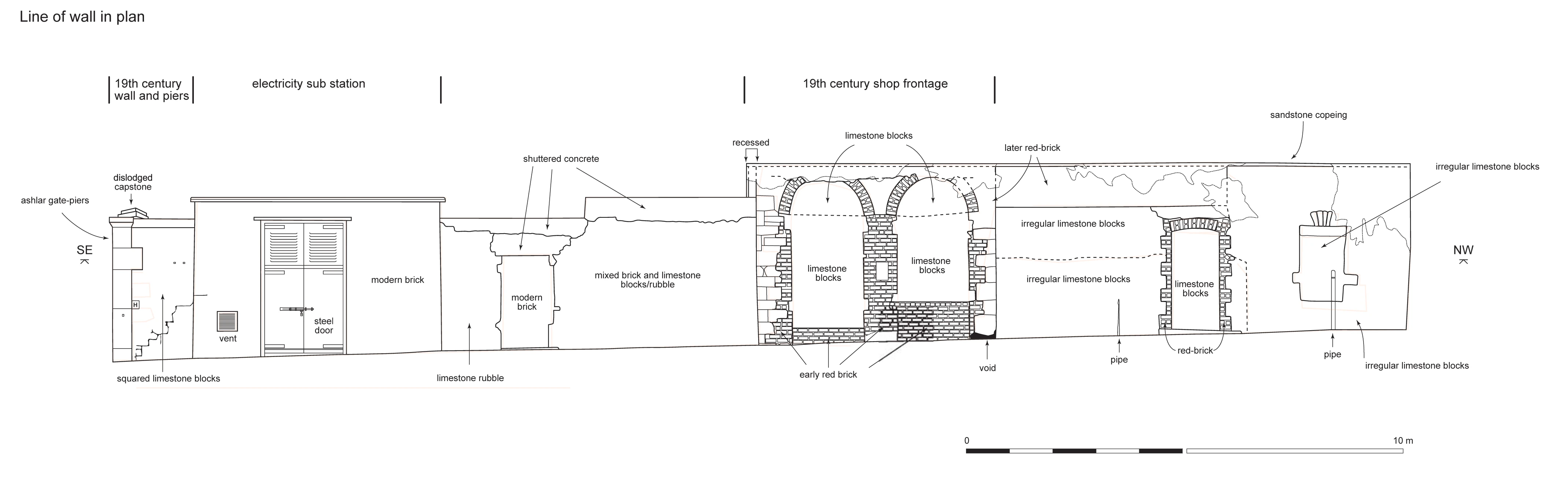 The Stone By Stone Illustration of the boundary wall, revealing the preserved Pawn Shop frontage