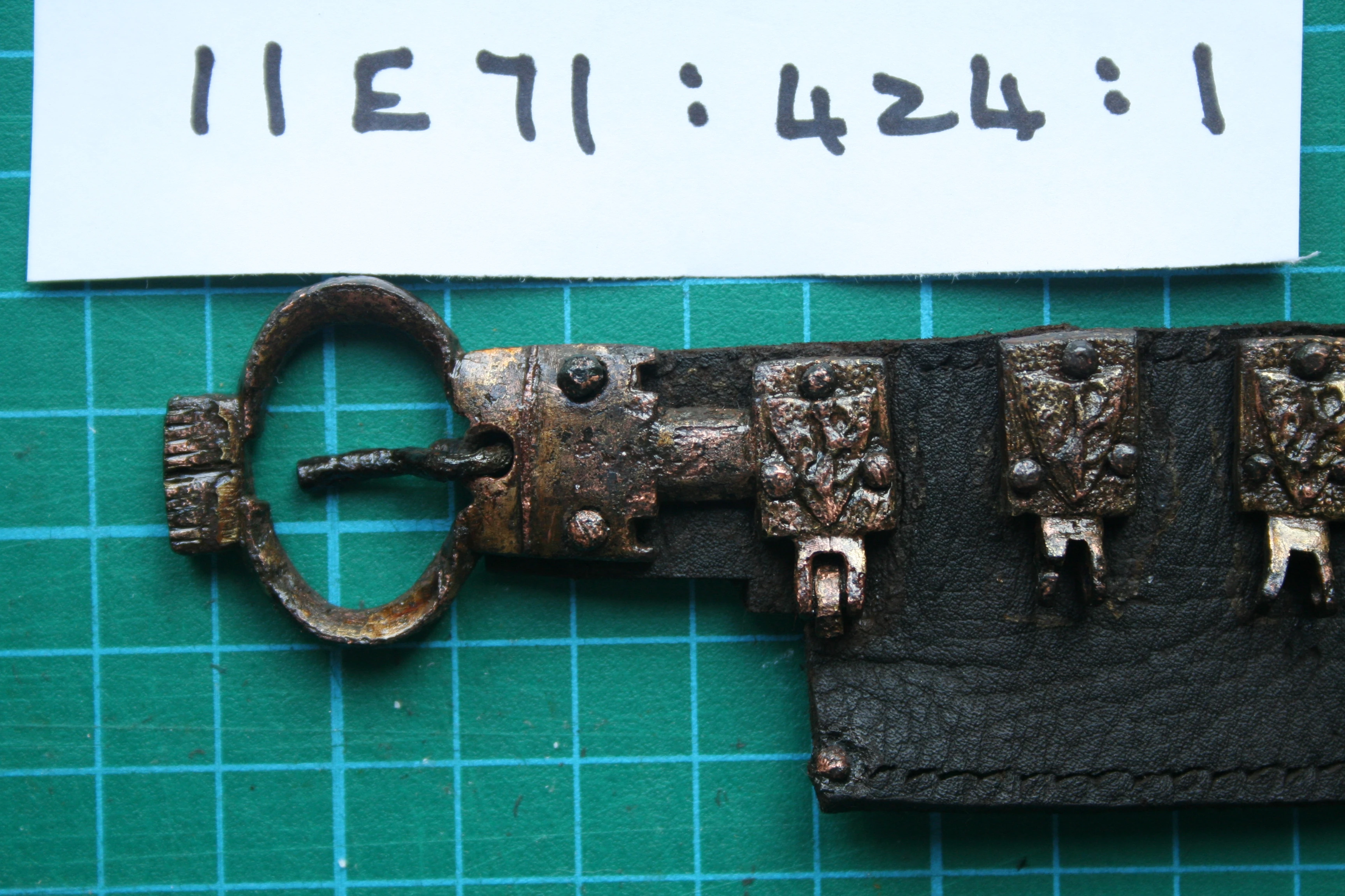 One side of the Caherduggan belt showing the buckle and heraldic motifs (Photo: John Nicholl)