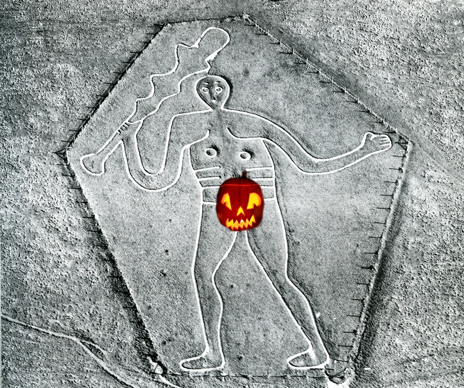 The Cerne Abbas Giant, Dorset; possibly a representation of Dagda, the father god (the pumpkin 'figleaf' has been added to preserve his modesty!)