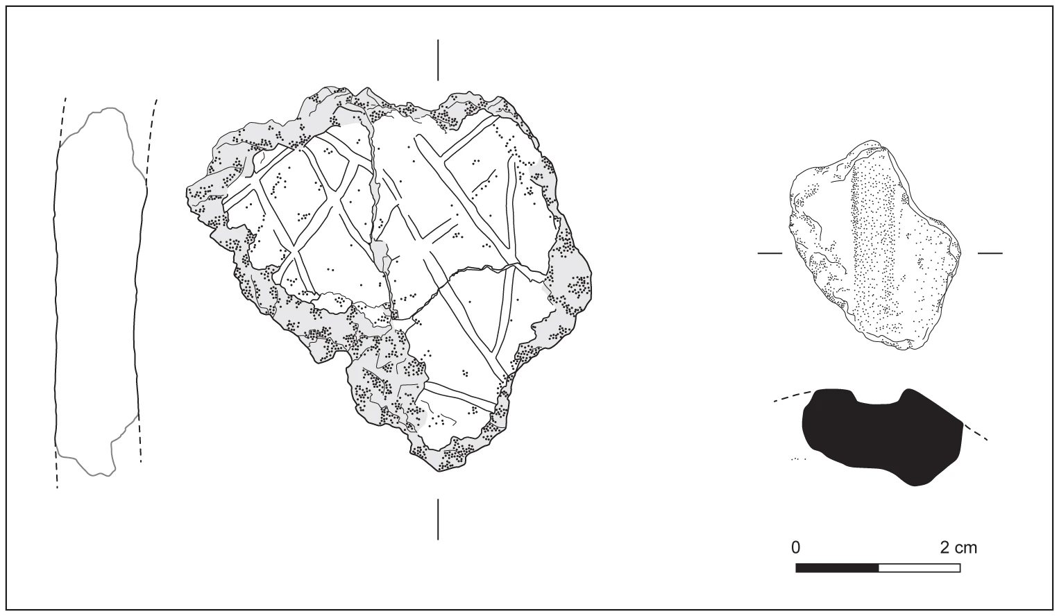 This illustration conveys both the decoration on this prehistoric pottery sherd as well as its profile and section