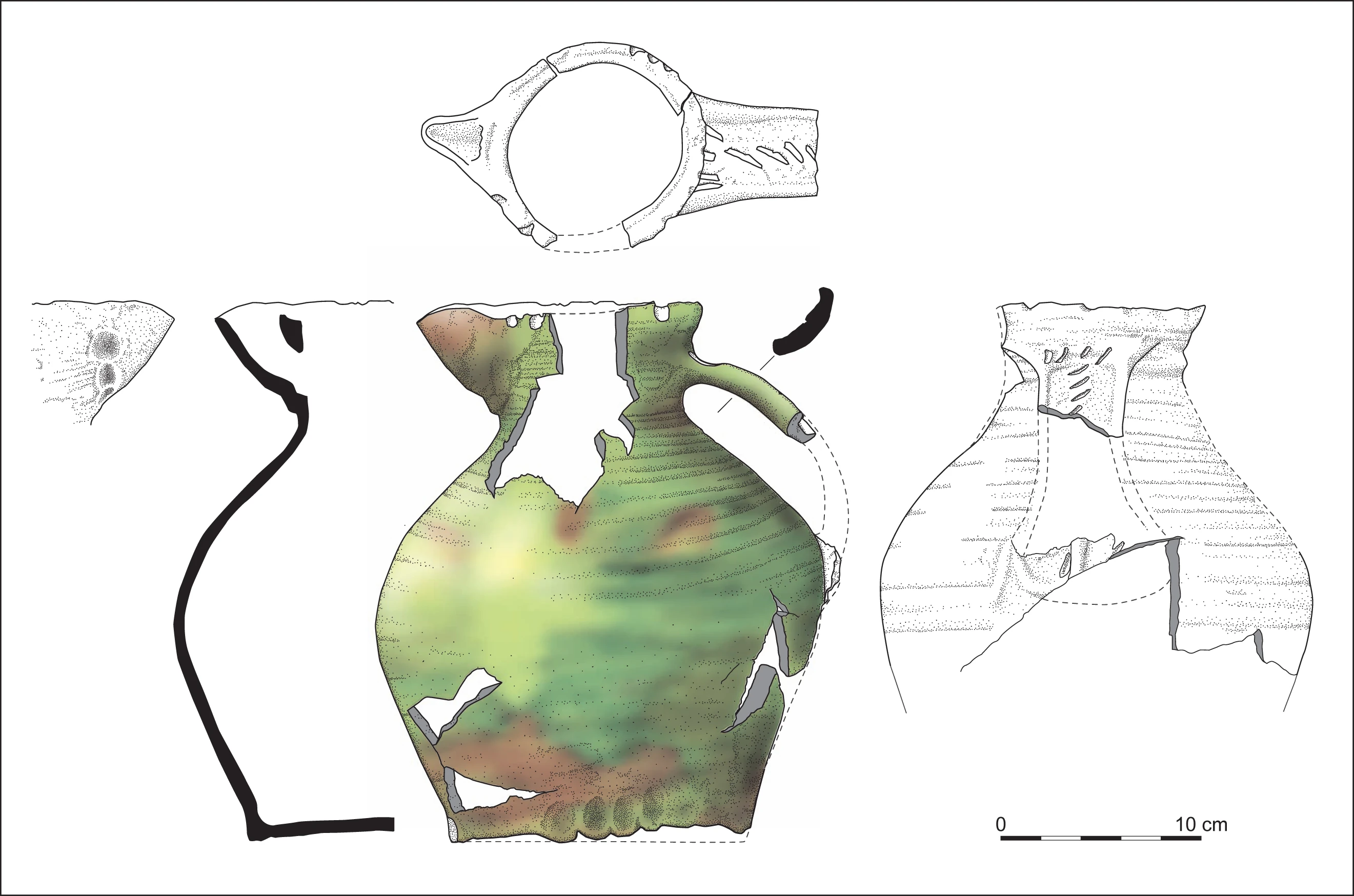 Digital illustration allows additional information to be included on traditional illustrations; this example highlights glaze on a medieval pot