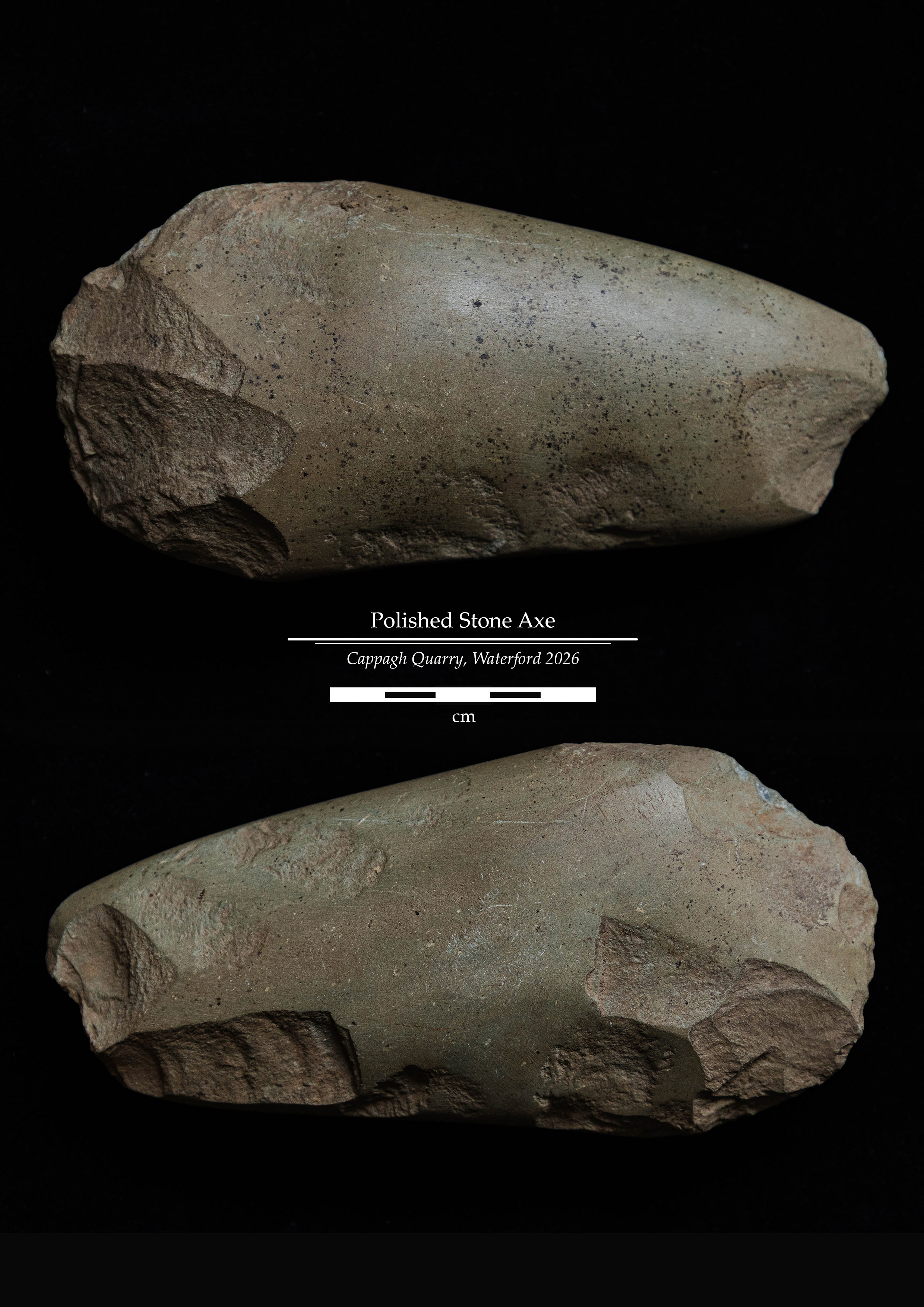 Studio photograph of a polished stone axe from Cappagh